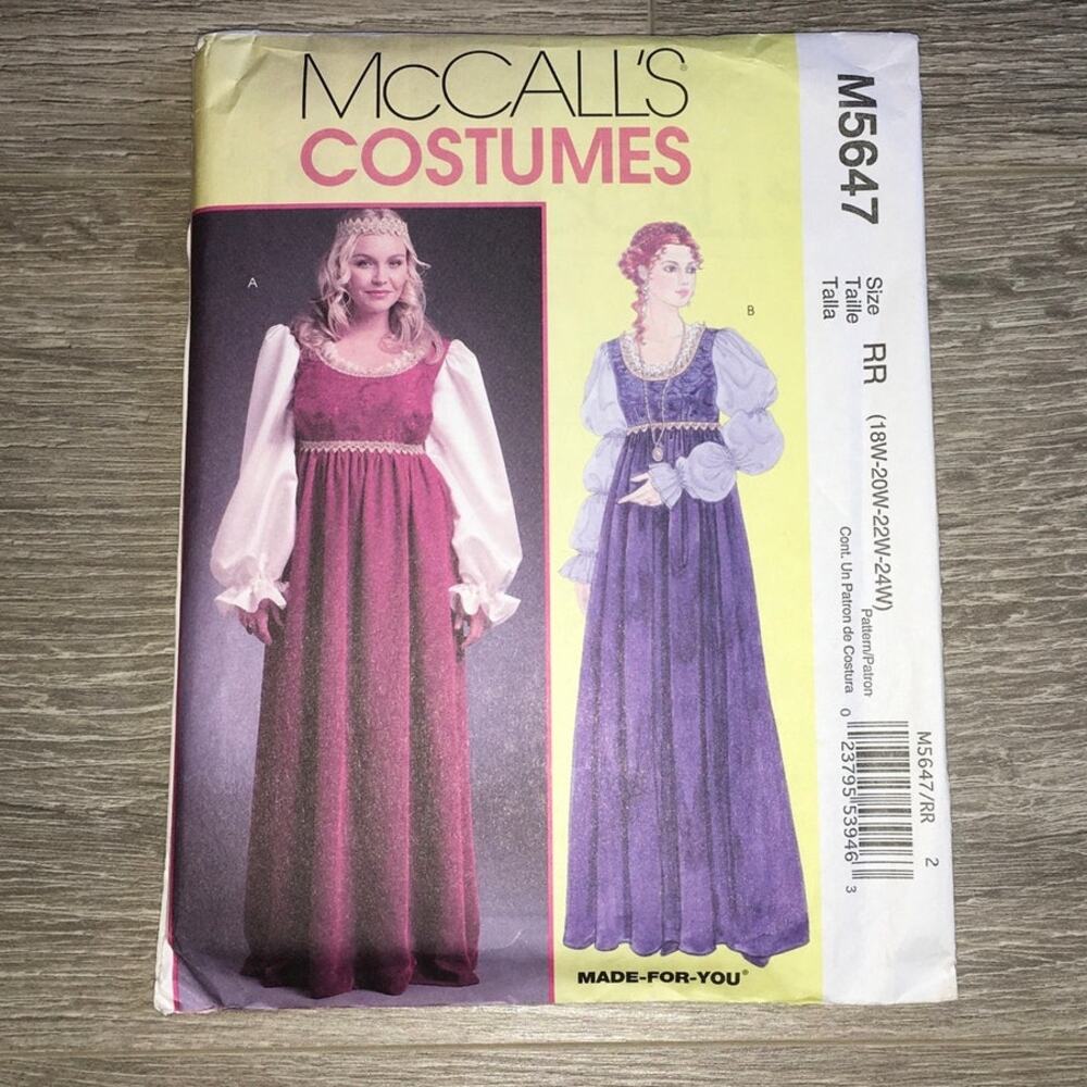 McCalls Sewing Pattern M5647 Juliet Medieval Empire Waist Gown 18W-24W UNCUT
